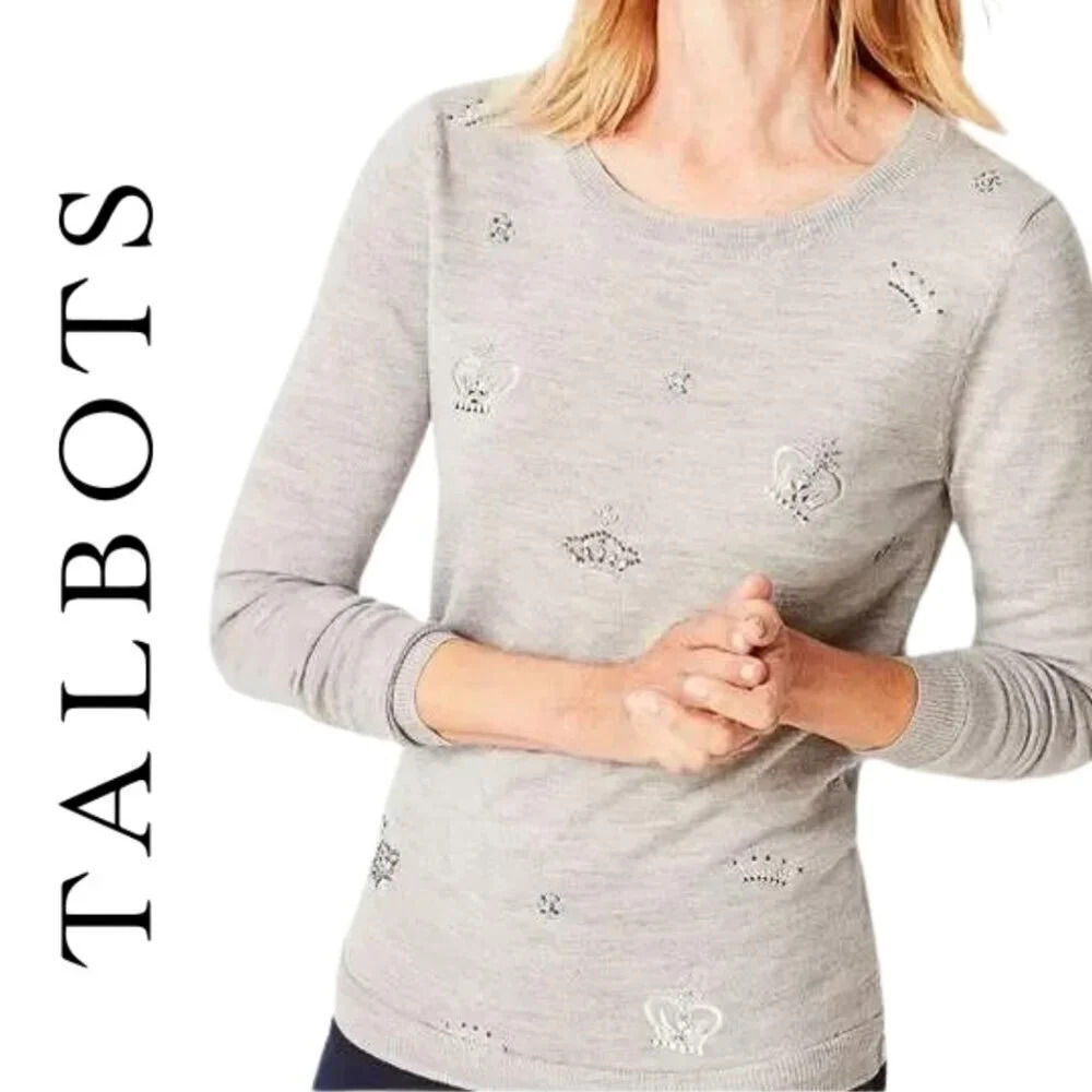 NWT, Talbots, 100% Merino Wool Crown Embellished Crew Sweater, Gray, Grey